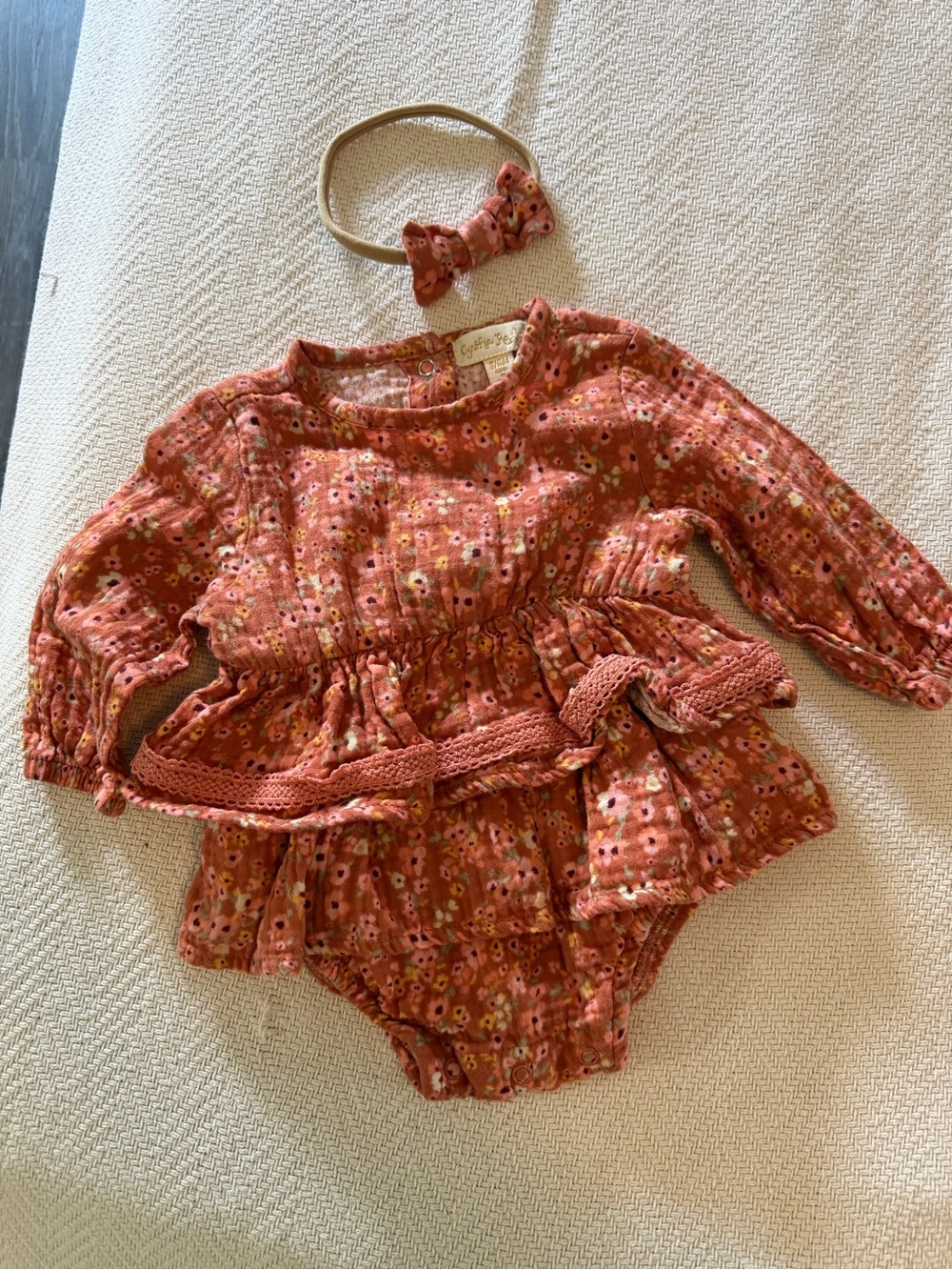 Cynthia Rowley Rust Floral Ruffle Baby One-Piece with Bow Headband